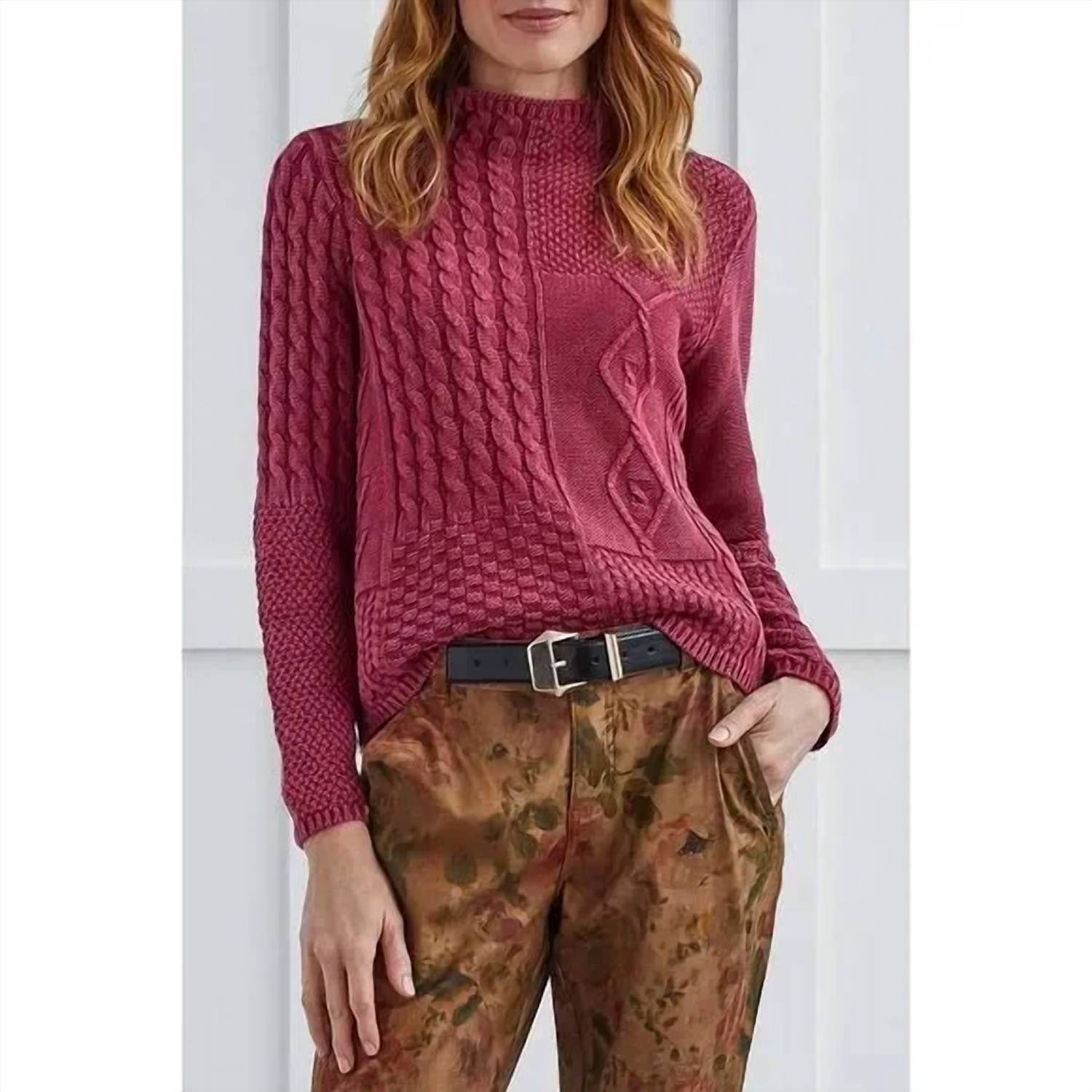 New Tribal Cable Funnel Neck Sweater In Red Plum